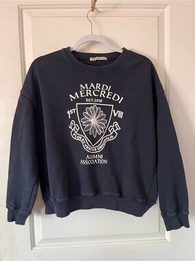 Mardi Mercredi Navy Floral Crest Graphic Crewneck Sweatshirt